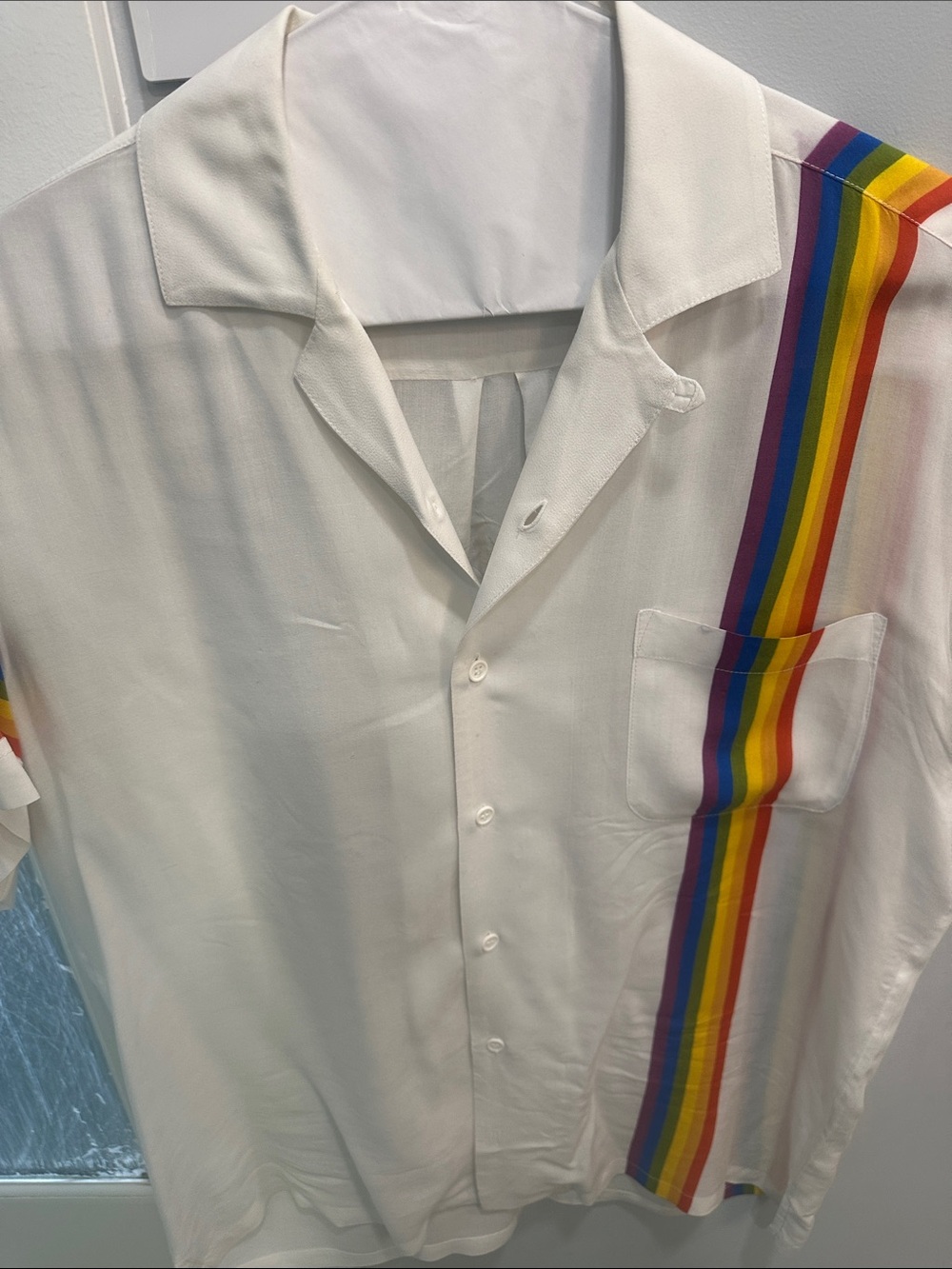 Men's White Short-Sleeve Button-Down Shirt with Vertical Rainbow Stripe